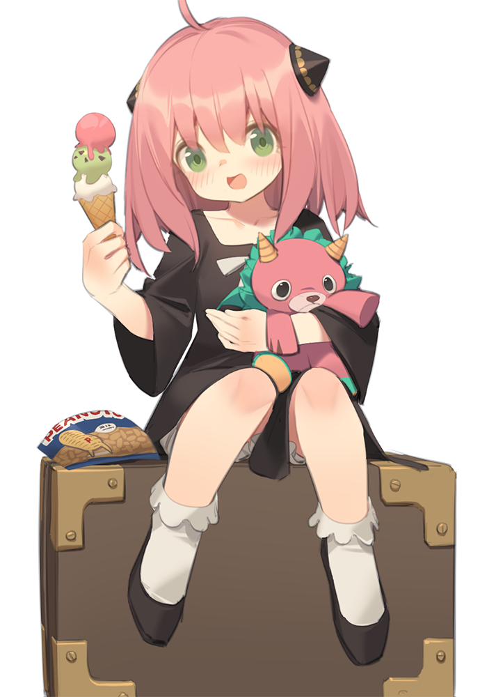 1girl, :d, ahoge, anya_(spy_x_family), bag, bangs, black_dress, black_footwear