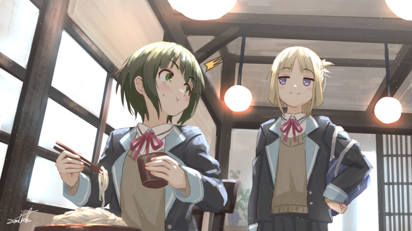 2girls, :t, ^^^, bangs, black_jacket, black_skirt, blazer, blunt_bangs