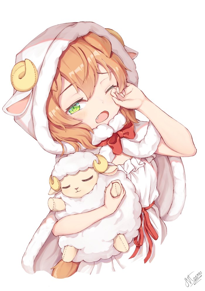 animal_ears, animal_hood, cape, doll, dress, fang, fur_cape, green_eyes