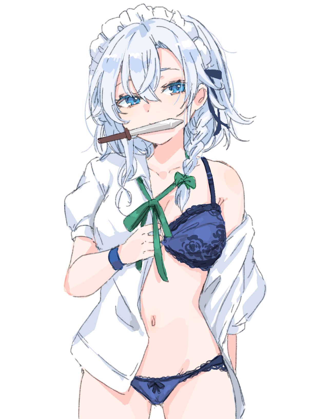 1girl, bangs, blue_bra, blue_eyes, blue_panties, bow, bow_panties, bra