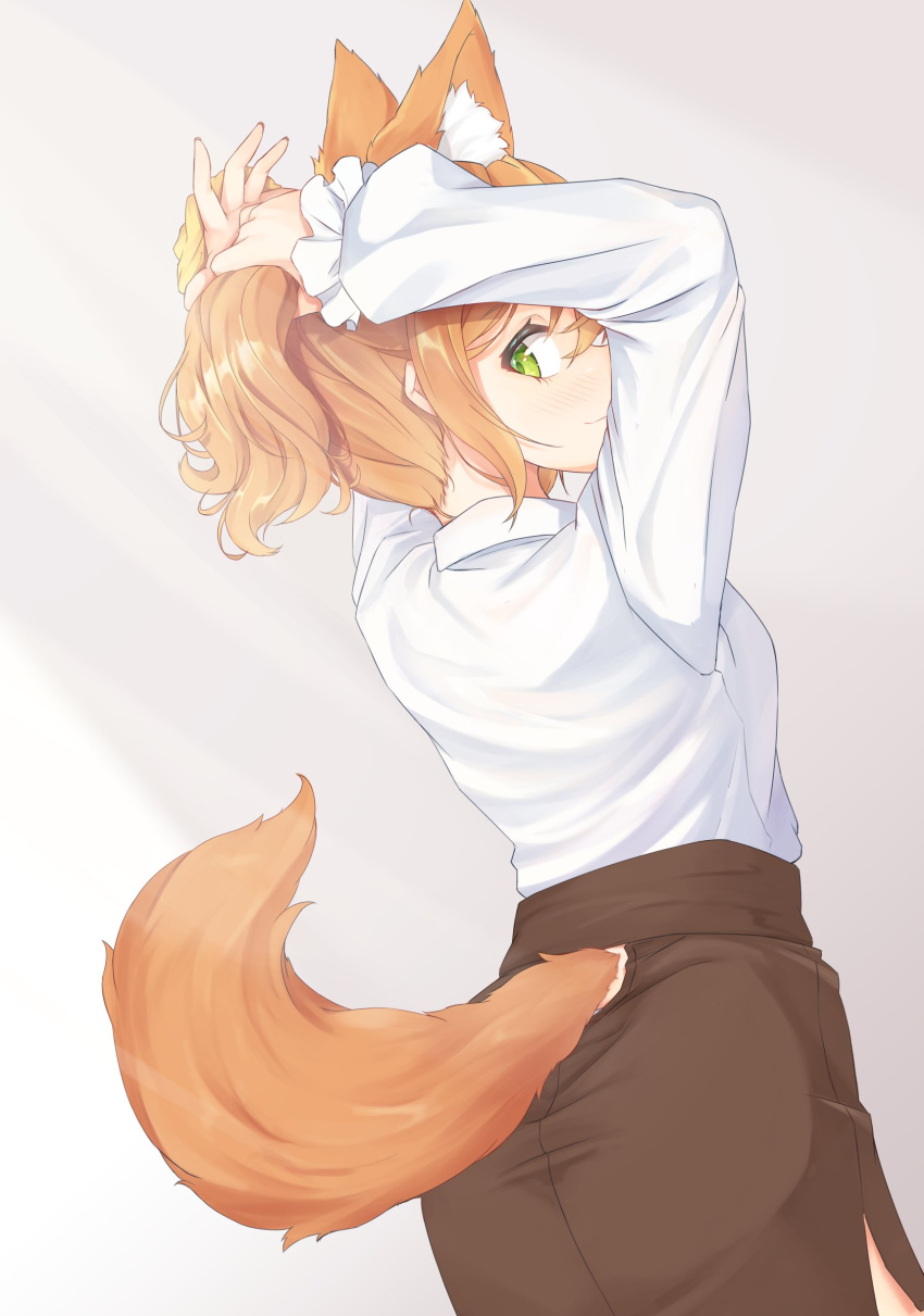 1girl, absurdres, adjusting_hair, animal_ears, black_skirt, green_eyes, highres, long_sleeves