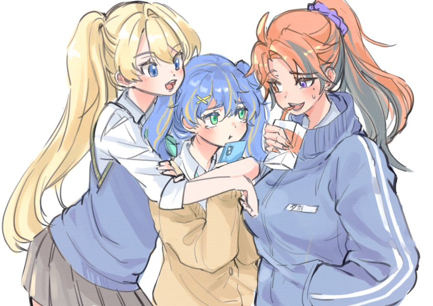 3girls, :d, aqua_necktie, astel_leda, babumagadoki, bendy_straw, black_hair, blonde_hair