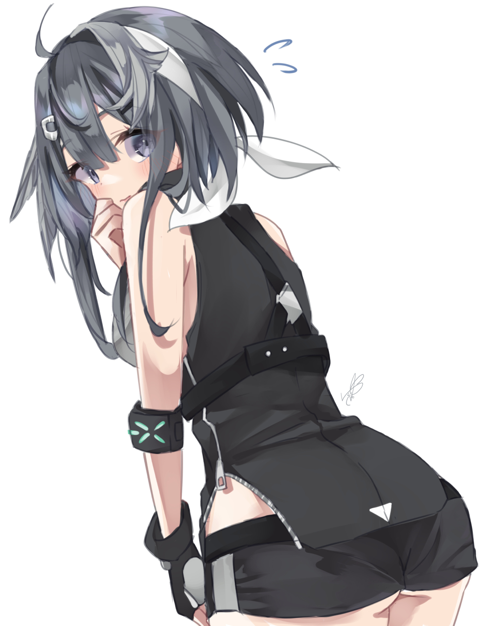 1girl, ahoge, arknights, ass, bangs, bare_shoulders, black_gloves, black_hair