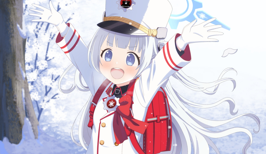 1girl, arms_up, bag, blue_archive, blush, cherino_(blue_archive), coat, fake_facial_hair