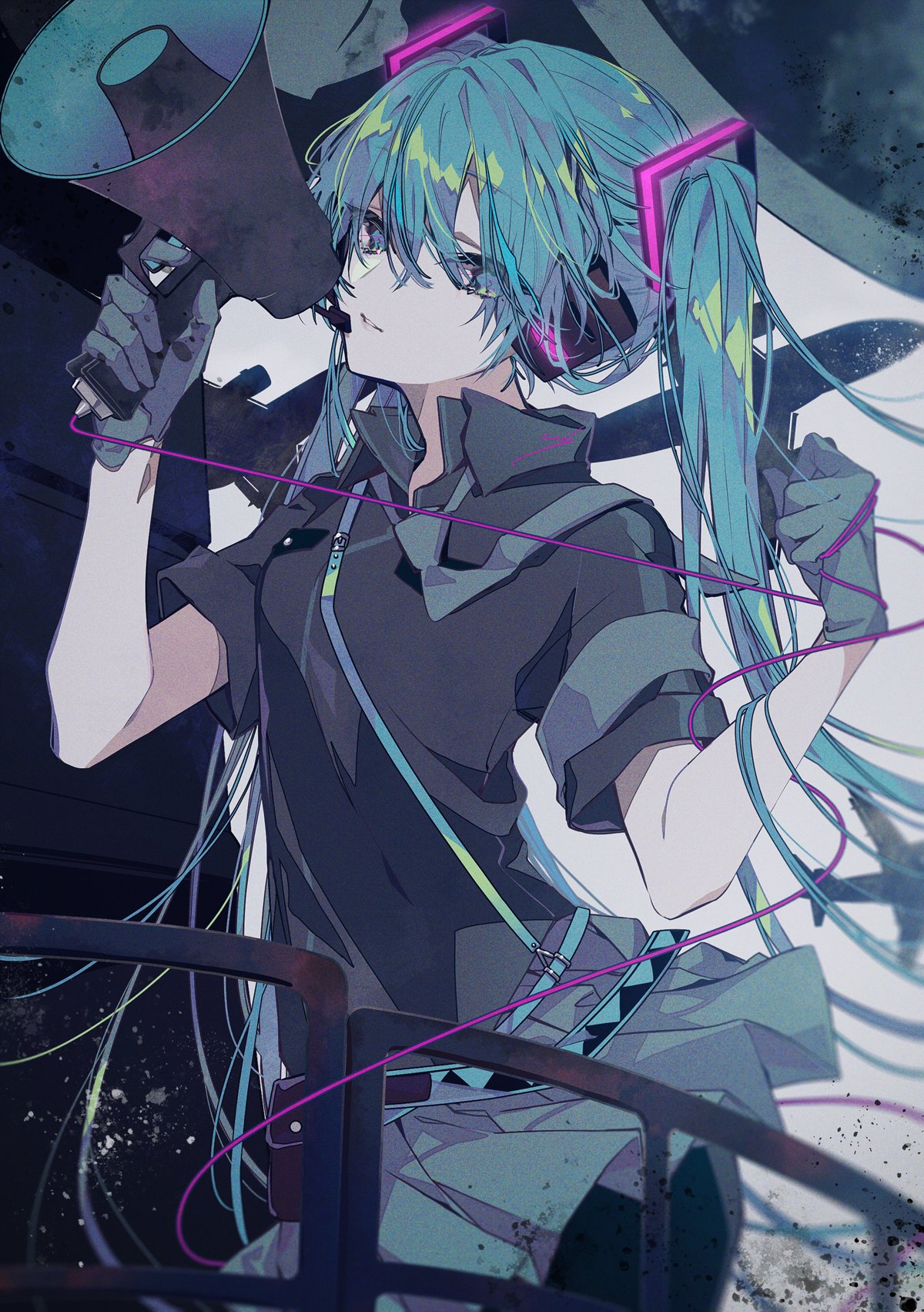 green_eyes, green_hair, green_skirt, hand_up, hatsune_miku, highres, skirt, tomo7xxxx