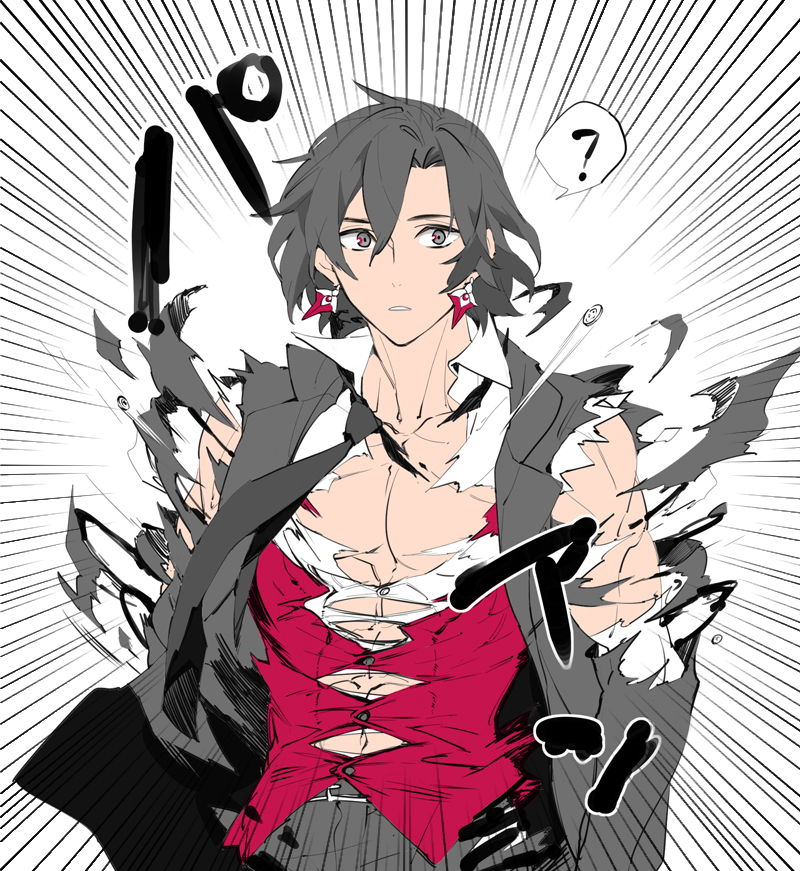 1boy, ?, abs, background_text, bangs, black_hair, black_jacket, black_necktie