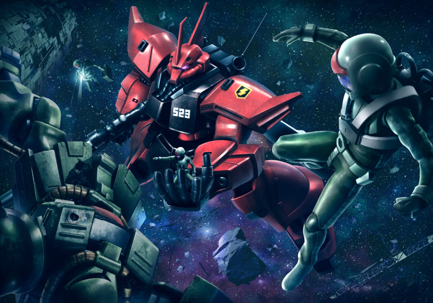 3boys, floating, gelgoog_jager, gundam, gundam_0080, helmet, hiropon_(tasogare_no_puu), mecha