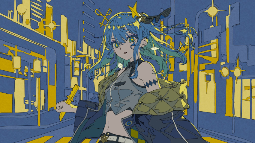 1girl, bangs, belt, black_jacket, blue_eyes, blue_hair, breast_pocket, crop_top, earrings, hair_between_eyes, highres, hololive, hoshimachi_suisei, jacket, jewelry, knife, medium_hair, midriff, nail, navel, off_shoulder, official_art, open_clothes, open_jacket, open_mouth, pocket, scissors, shirt, sleeveless, sleeveless_shirt, solo, star_(symbol), star_in_eye, symbol_in_eye, torino_kawazu, virtual_youtuber, white_belt, yuurei_tokyo_(vocaloid)