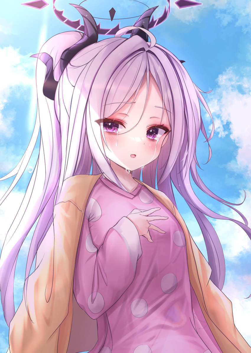 1girl, absurdres, ahoge, bangs, blue_archive, commentary_request, crying, crying_with_eyes_open