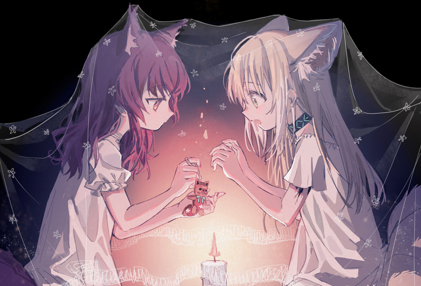 2girls, arknights, black_footwear, blonde_hair, diamond-shaped_pupils, diamond_(shape), dress, extra_ears