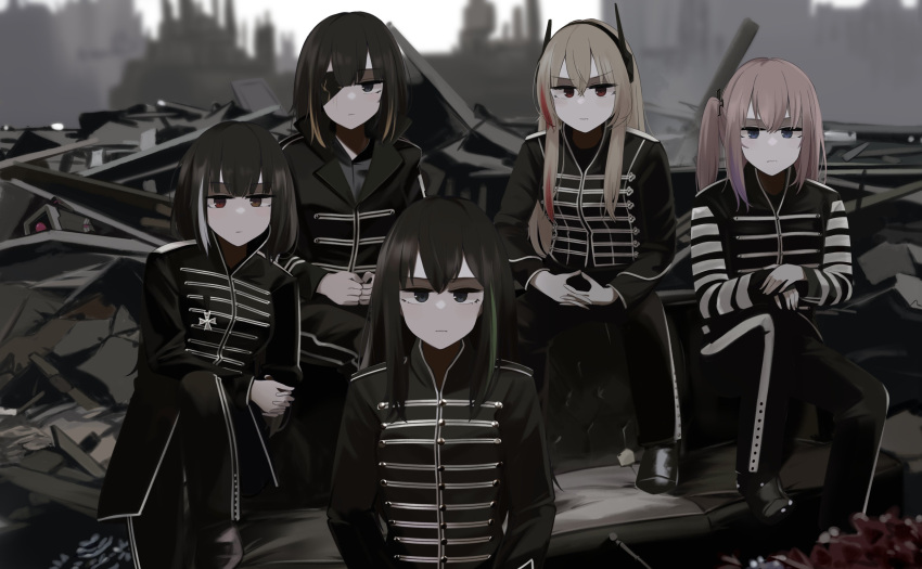 1other, 5girls, alternate_costume, anti-rain_(girls'_frontline), band_uniform, cosplay, cross, dinergate_(girls'_frontline), eyepatch, girls_frontline, highres, hinami047, iron_cross, m16a1_(girls'_frontline), m4_sopmod_ii_(girls'_frontline), m4a1_(girls'_frontline), marching_band, multiple_girls, my_chemical_romance, parody, ro635_(girls'_frontline), ruins, shoes, sitting, st_ar-15_(girls'_frontline), the_black_parade_(album)