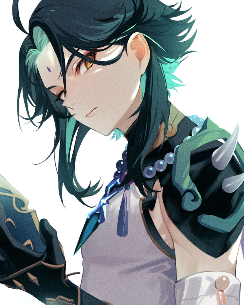 1boy, ahoge, armor, bangs, bead_necklace, beads, black_gloves, black_hair