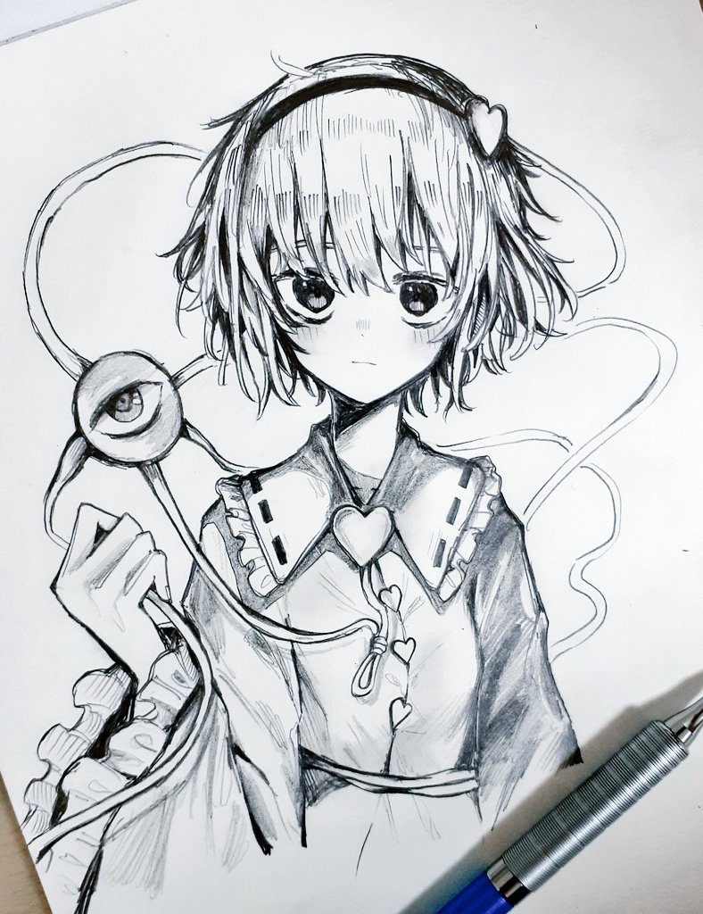 1girl, :|, ballpoint_pen_(medium), bangs, blouse, blush, buttons, closed_mouth, commentary, cropped_torso, expressionless, eyebrows_behind_hair, frilled_shirt_collar, frilled_sleeves, frills, greyscale, hair_ornament, hairband, hand_up, heart, heart_button, heart_hair_ornament, komeiji_satori, long_sleeves, looking_at_viewer, monochrome, photo_(medium), ribbon_trim, shirt, short_hair, solo, takoiro, third_eye, touhou, traditional_media, upper_body, wide_sleeves