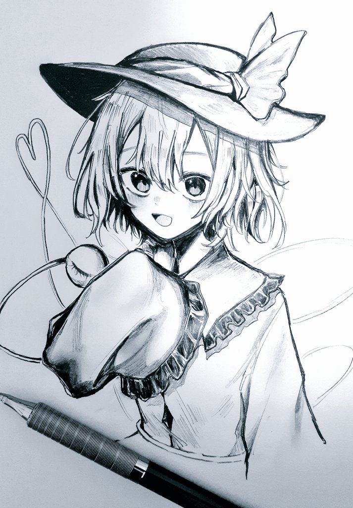 1girl, :d, ballpoint_pen_(medium), blouse, blush, buttons, commentary, cropped_torso, diamond_button, eyebrows_behind_hair, frilled_shirt_collar, frilled_sleeves, frills, greyscale, hair_between_eyes, hand_up, hat, hat_ribbon, heart, heart_of_string, komeiji_koishi, long_sleeves, looking_at_viewer, monochrome, open_mouth, photo_(medium), ribbon, shirt, short_hair, skirt, sleeves_past_fingers, sleeves_past_wrists, smile, solo, takoiro, third_eye, touhou, traditional_media, upper_body, wide_sleeves