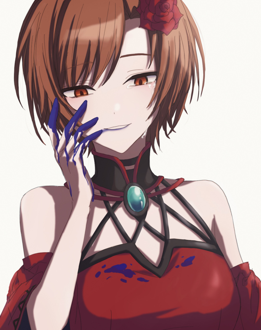 1girl, akujiki_musume_conchita_(vocaloid), banica_conchita, bare_shoulders, blood, blood_on_clothes, blood_on_hands, blue_blood