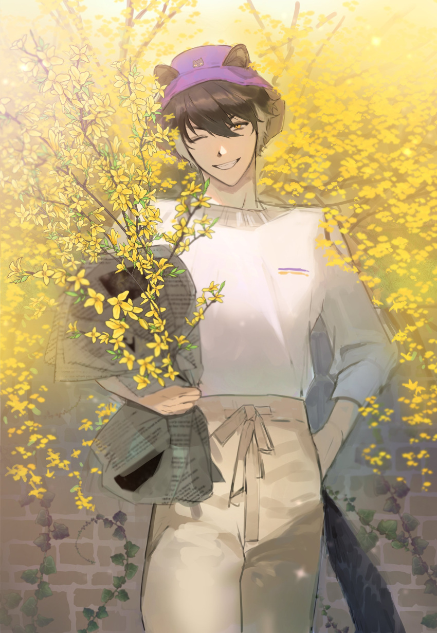 1boy, absurdres, alternate_costume, animal_ears, black_hair, bouquet, branch, brick_wall