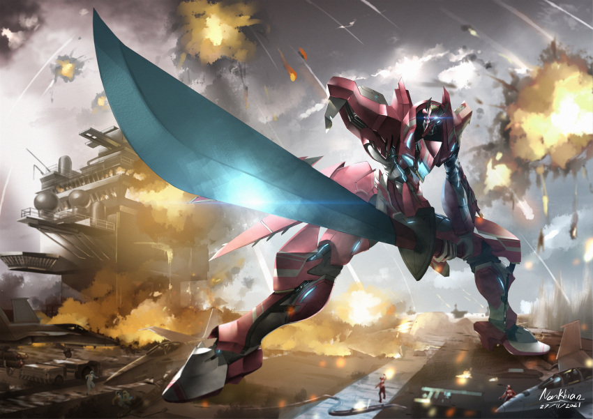 2others, absurdres, aircraft, aircraft_carrier, airplane, artist_name, blue_eyes, canopy_(aircraft), dated, explosion, fighter_jet, glowing, glowing_eyes, highres, holding, holding_sword, holding_weapon, jet, mecha, military, military_vehicle, multiple_others, nonkhian, original, running, science_fiction, ship, solo_focus, sunrise_stance, sword, warship, watercraft, weapon
