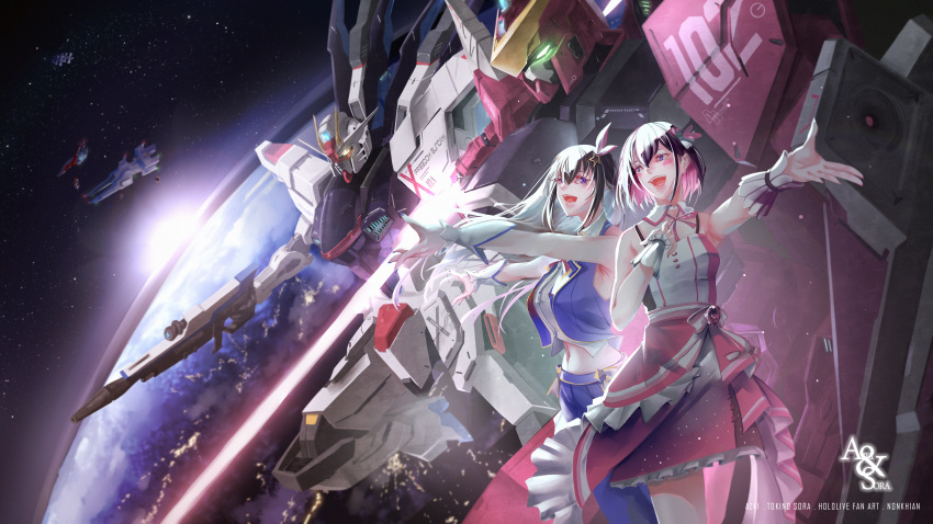 2girls, absurdres, archangel_(gundam), azki_(hololive), beam_saber, blue_eyes, blue_jacket, colored_inner_hair