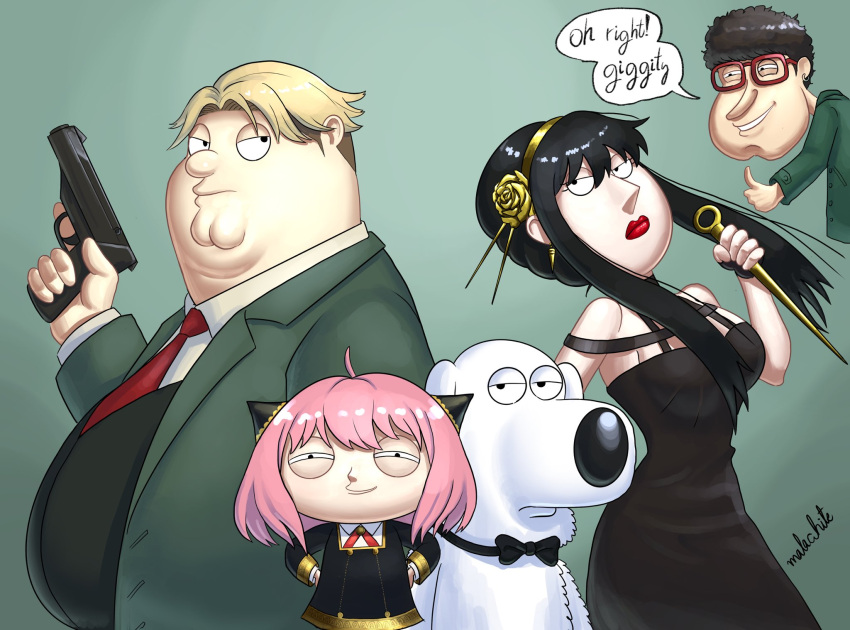 1girl, 3boys, anya_(spy_x_family), black_dress, black_hair, blonde_hair, bond_(spy_x_family), bond_(spy_x_family)_(cosplay), breasts, brian_griffin, brown_hair, closed_mouth, collared_shirt, cosplay, crossdressing, crossover, dog, dress, english_commentary, family_guy, fat, flower, from_side, glenn_quagmire, gold_hairband, green_background, green_jacket, gun, hair_between_eyes, hair_flower, hair_ornament, highres, holding, holding_gun, holding_knife, holding_weapon, jacket, knife, lipstick, lois_griffin, long_hair, looking_at_viewer, looking_to_the_side, makeup, malachi27346, medium_breasts, medium_hair, multiple_boys, necktie, obese, peter_griffin, pink_hair, red-framed_eyewear, red_necktie, shirt, short_hair, simple_background, speech_bubble, spy_x_family, stewie_griffin, thumbs_up