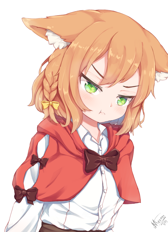 >:(, :t, angry, animal_ears, braid, capelet, green_eyes, hood