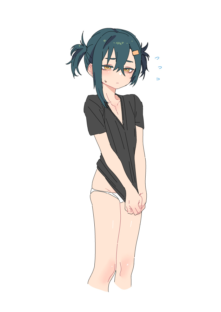 1girl, absurdres, asymmetrical_hair, black_shirt, blush, clothes_pull, cropped_legs, embarrassed
