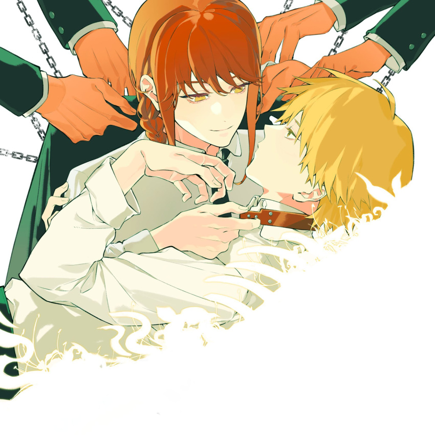 1boy, 1girl, animal_collar, bangs, black_coat, black_necktie, black_pants, blonde_hair
