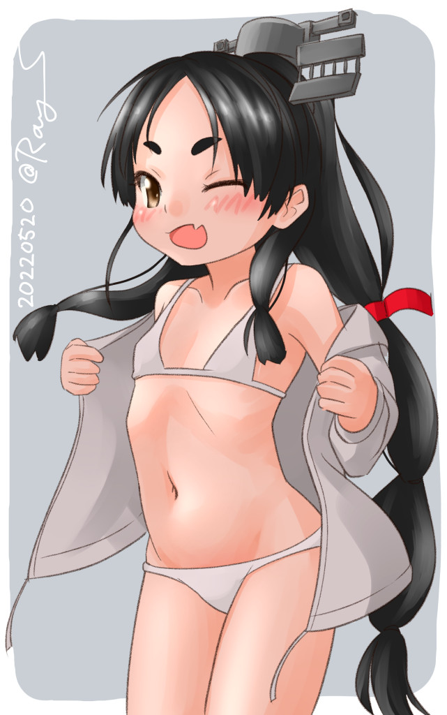 1girl, bikini, black_hair, brown_eyes, drawstring, fang, flat_chest, grey_background