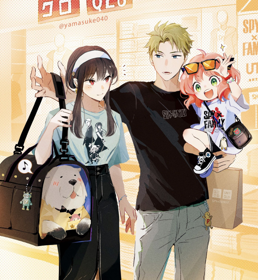 1boy, 2girls, :d, adjusting_eyewear, anya_(spy_x_family), bag, bag_charm, bangs
