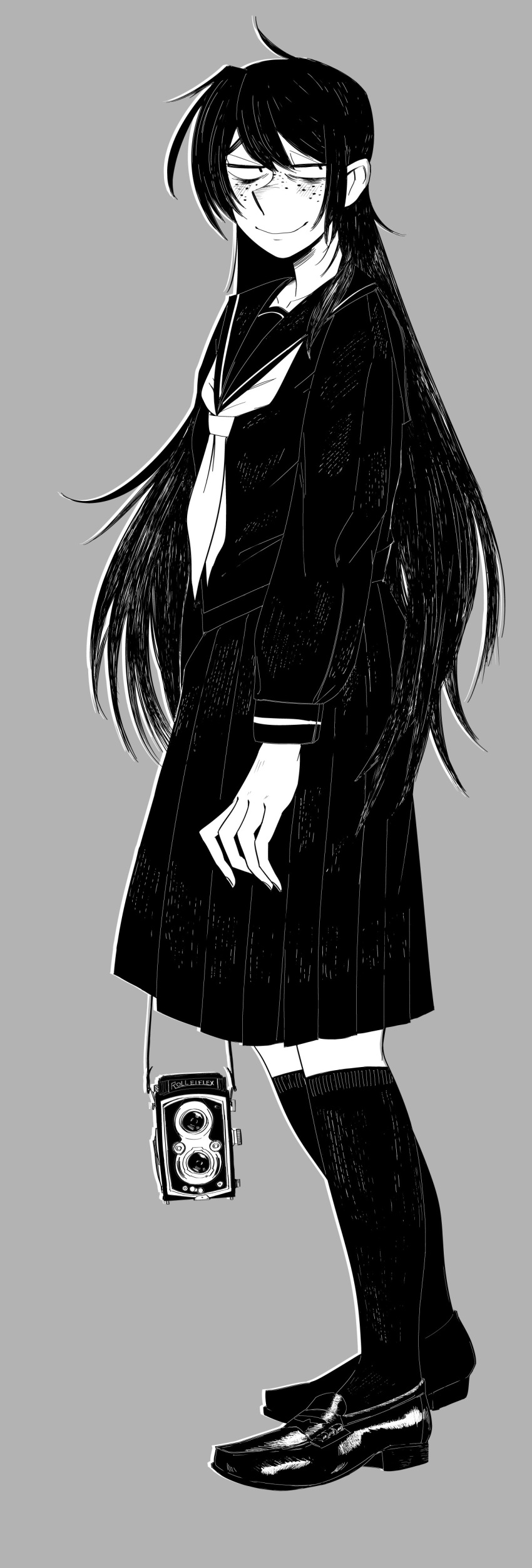 1girl, absurdres, ahoge, awa_nana, bangs, camera, freckles, grey_background