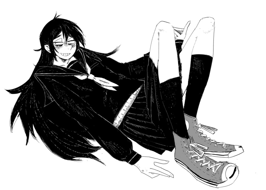 1girl, ahoge, awa_nana, freckles, greyscale, grin, high_tops, highres, long_hair, looking_at_viewer, monochrome, original, pleated_skirt, school_uniform, serafuku, shoes, simple_background, sitting, skirt, smile, sneakers, solo, sugarspot_jr., white_background
