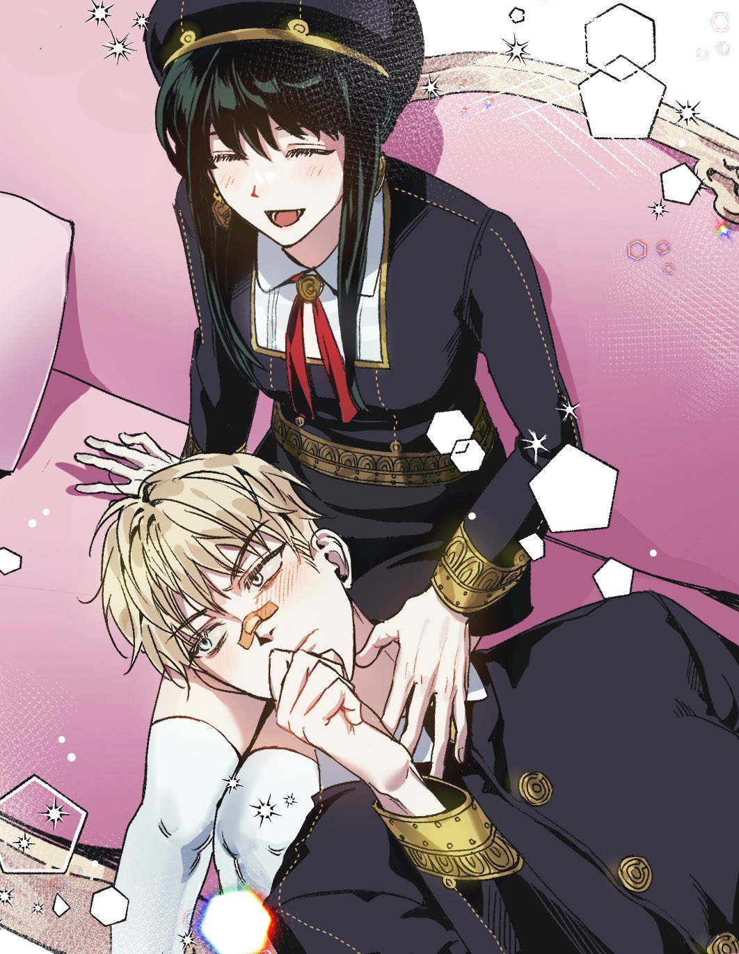 1boy, 1girl, a_mongs2, alternate_costume, bandaid, bandaid_on_face, bandaid_on_nose, bangs