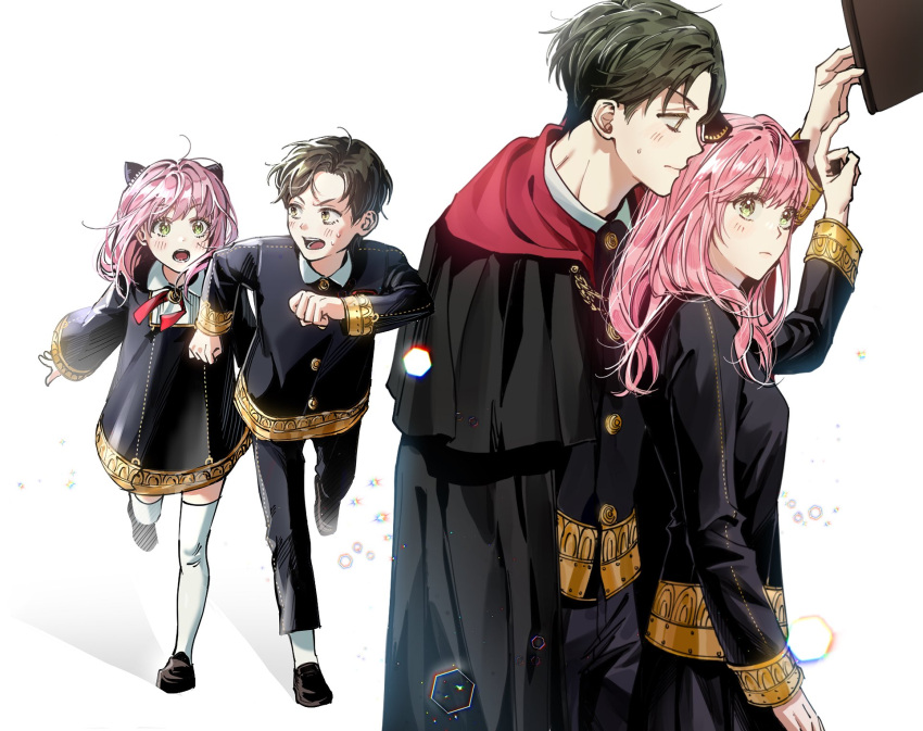 1boy, 1girl, :o, a_mongs2, ahoge, anya_(spy_x_family), arm_up, bangs, black_footwear, black_hair, blush, buttons, cape, commentary_request, damian_desmond, eden_academy_uniform, green_eyes, highres, horn_ornament, horns, korean_commentary, medium_hair, neck_ribbon, older, open_mouth, pink_hair, red_ribbon, ribbon, running, simple_background, spy_x_family, sweatdrop, thigh-highs, two-sided_cape, two-sided_fabric, white_background, white_legwear, wing_collar, younger