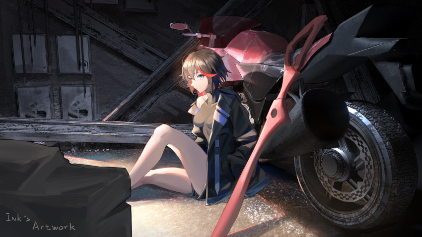 1girl, absurdres, bangs, bare_legs, black_hair, black_jacket, black_shorts, breasts
