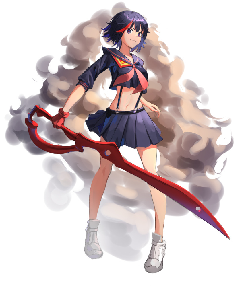 1girl, asymmetrical_gloves, bare_legs, black_eyes, black_hair, black_sailor_collar, black_serafuku, black_shirt, black_skirt, collared_shirt, full_body, gloves, highres, holding, holding_sword, holding_weapon, inkrua, kill_la_kill, matoi_ryuuko, midriff, miniskirt, multicolored_hair, navel, neckerchief, pleated_skirt, purple_hair, red_gloves, red_neckerchief, sailor_collar, sailor_shirt, school_uniform, scissor_blade, senketsu, serafuku, shiny, shiny_hair, shirt, short_hair, single_glove, skirt, smile, solo, standing, stomach, suspender_skirt, suspenders, sword, weapon, white_background, white_footwear