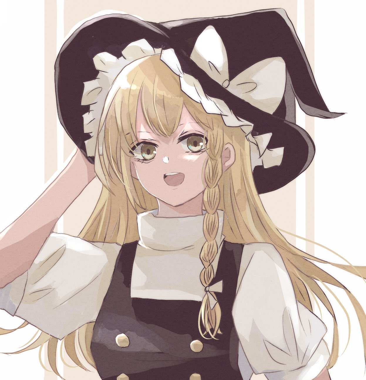 1girl, :d, aridamikannn, black_headwear, black_vest, blonde_hair, bow, braid