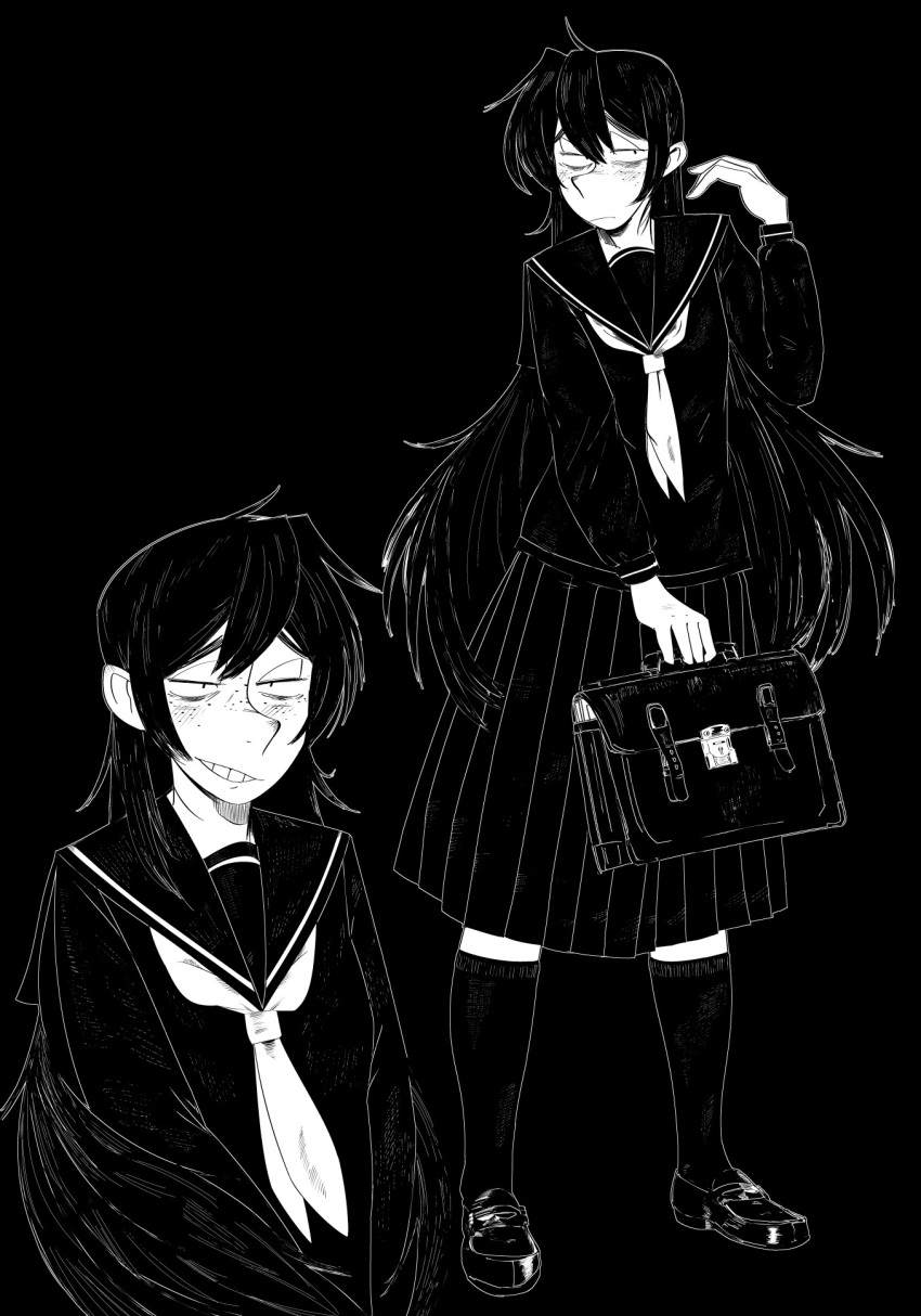 1girl, ahoge, awa_nana, bag, bangs, black_background, freckles, greyscale