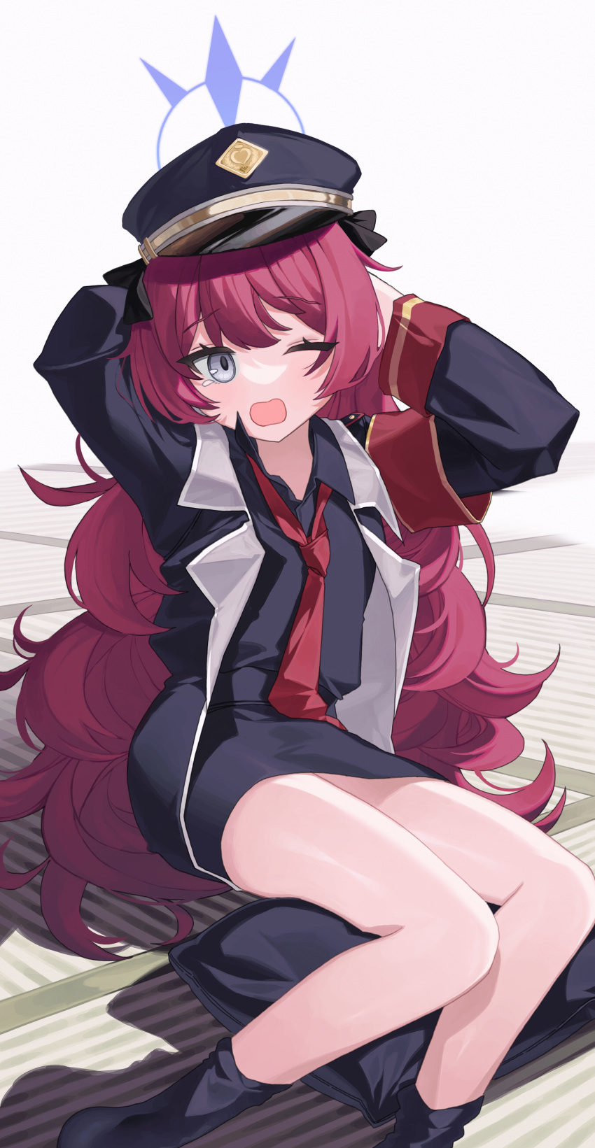 absurdres, armband, black_legwear, black_shirt, blue_archive, blush, hat, highres