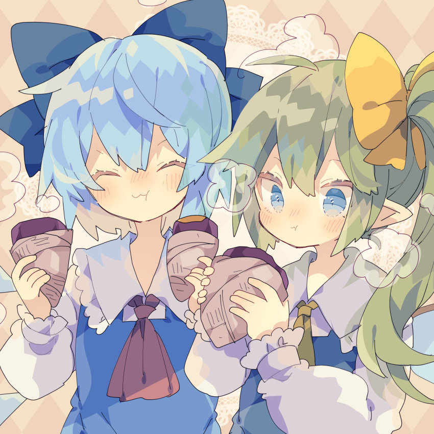 2girls, :t, ^_^, ahoge, blue_bow, blue_eyes, blue_hair, blue_shirt