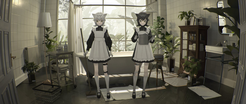 2girls, animal_ears, apron, bathroom, bathtub, black_footwear, black_hair, black_shirt, black_skirt, broom, buttons, cart, cat_ears, closed_mouth, clothes_hanger, door, door_handle, faucet, frilled_apron, frills, grey_hair, highres, holding, holding_broom, holding_watering_can, indoors, kneehighs, lamp, long_sleeves, looking_at_viewer, maid, maid_apron, mary_janes, mirror, multiple_girls, nakai_(nnnjpg), open_door, original, plant, potted_plant, radiator, shadow, shirt, shoes, short_hair, shower_head, skirt, standing, thigh_strap, tile_wall, tiles, towel, watering_can, white_apron, white_curtains, white_legwear, window