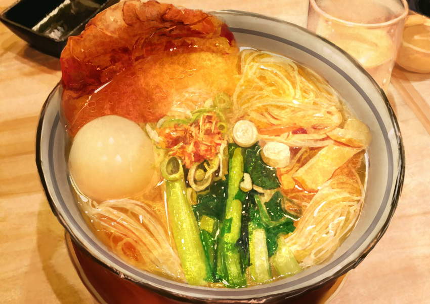 bowl, commentary_request, fen_fen_fen_fen, food, food_focus, glass, hardboiled_egg, highres, no_humans, noodles, original, photorealistic, ramen, realistic, table, vegetable