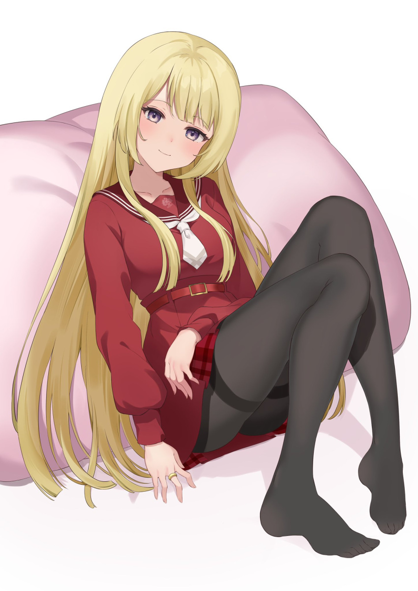 1girl, arm_at_side, assault_lily, bangs, belt, belt_buckle, black_legwear, blonde_hair, blunt_bangs, blunt_ends, breasts, brown_sailor_collar, buckle, collarbone, eyebrows_visible_through_hair, fingernails, full_body, head_tilt, high-waist_skirt, highres, jewelry, kanba_girls_high_school_uniform, knees_up, kon_(kon9d), light_blush, light_smile, long_hair, long_sleeves, looking_at_viewer, medium_breasts, miniskirt, miyagawa_takane, necktie, no_shoes, pantyhose, red_belt, red_shirt, red_skirt, ring, sailor_collar, school_uniform, serafuku, shirt, short_necktie, sidelocks, simple_background, sitting, skirt, solo, thighband_pantyhose, very_long_hair, violet_eyes, white_background, white_necktie