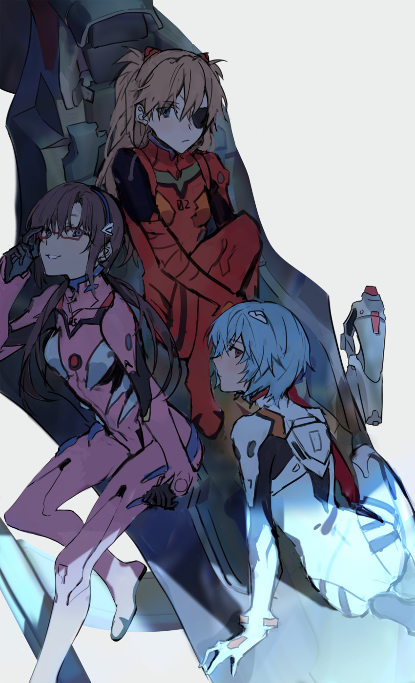 3girls, ayanami_rei, blue_hair, bodysuit, brown_hair, eyepatch, glasses, highres, makinami_mari_illustrious, multiple_girls, neon_genesis_evangelion, otuming, plugsuit, rebuild_of_evangelion, red_eyes, sitting, souryuu_asuka_langley
