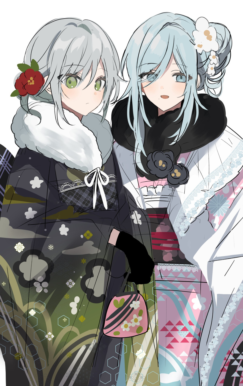 2girls, :d, absurdres, bag, black_flower, black_gloves, black_kimono, black_sash