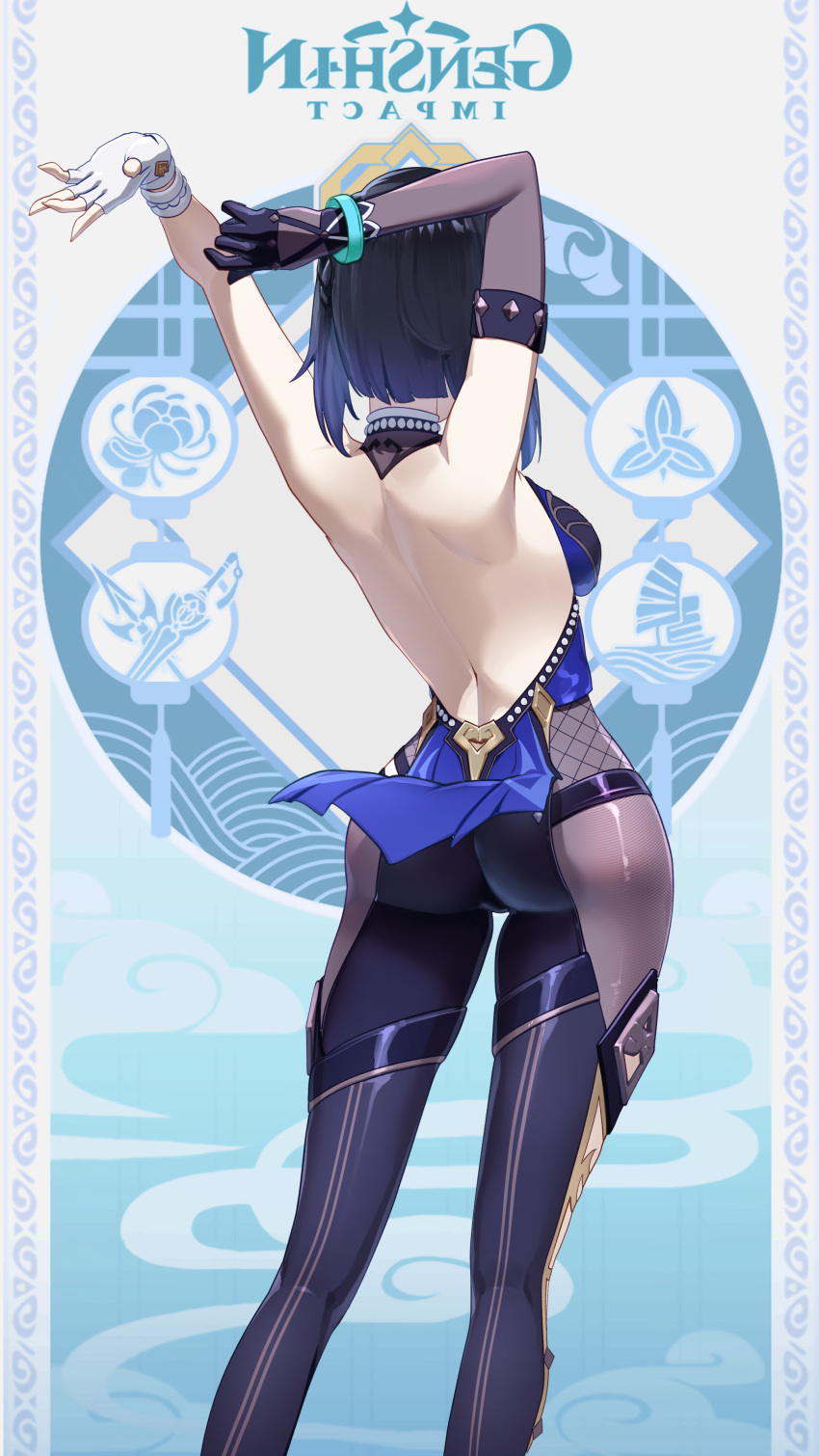 1girl, absurdres, arm_up, ass, back, backless_dress, backless_outfit, bare_back, black_legwear, blue_dress, blue_hair, bob_cut, breasts, dress, elbow_gloves, from_behind, fur_trim, genshin_impact, gloves, highres, jacket, medium_breasts, pants, patatatan, short_hair, solo, standing, thighs, wristband, yelan_(genshin_impact)