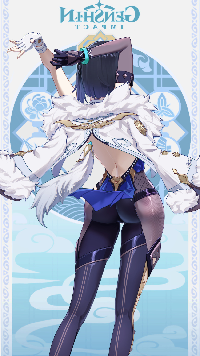 1girl, absurdres, arm_up, ass, back, backless_dress, backless_outfit, black_legwear, blue_dress, blue_hair, bob_cut, dress, elbow_gloves, from_behind, fur_trim, genshin_impact, gloves, highres, jacket, long_sleeves, pants, patatatan, short_hair, solo, standing, thighs, white_jacket, wristband, yelan_(genshin_impact)