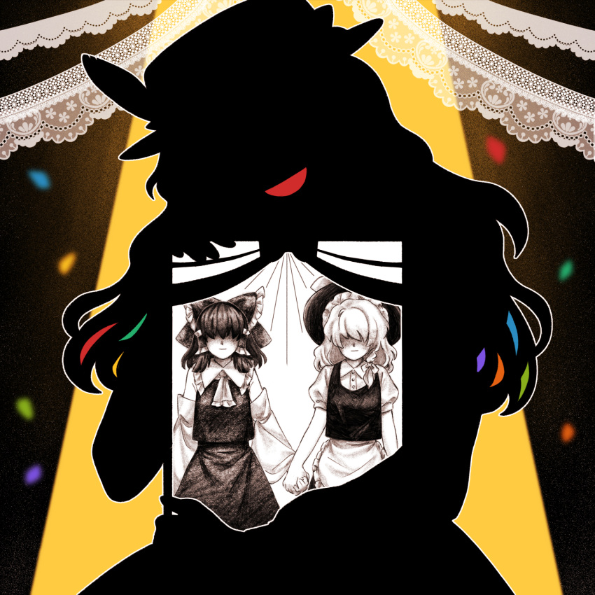 1girl, :d, apron, ascot, bangs, bow, collared_shirt, covered_eyes, detached_sleeves, english_commentary, facing_viewer, frilled_apron, frilled_bow, frilled_hair_tubes, frilled_hat, frilled_shirt_collar, frills, glowing_mouth, hair_bow, hair_tubes, hakurei_reimu, hat, hat_bow, hat_feather, head_tilt, highres, holding_hands, holding_picture, iei, jacket_girl_(dipp), kirisame_marisa, long_sleeves, medium_hair, nekolina, puffy_short_sleeves, puffy_sleeves, rd-sounds, shaded_face, shirt, short_sleeves, silhouette, skirt, smile, touhou, vest, waist_apron, wavy_hair, wide_sleeves, witch_hat