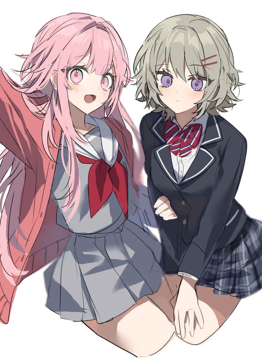 2girls, :d, absurdres, alternate_hair_length, alternate_hairstyle, bangs, black_jacket, bow