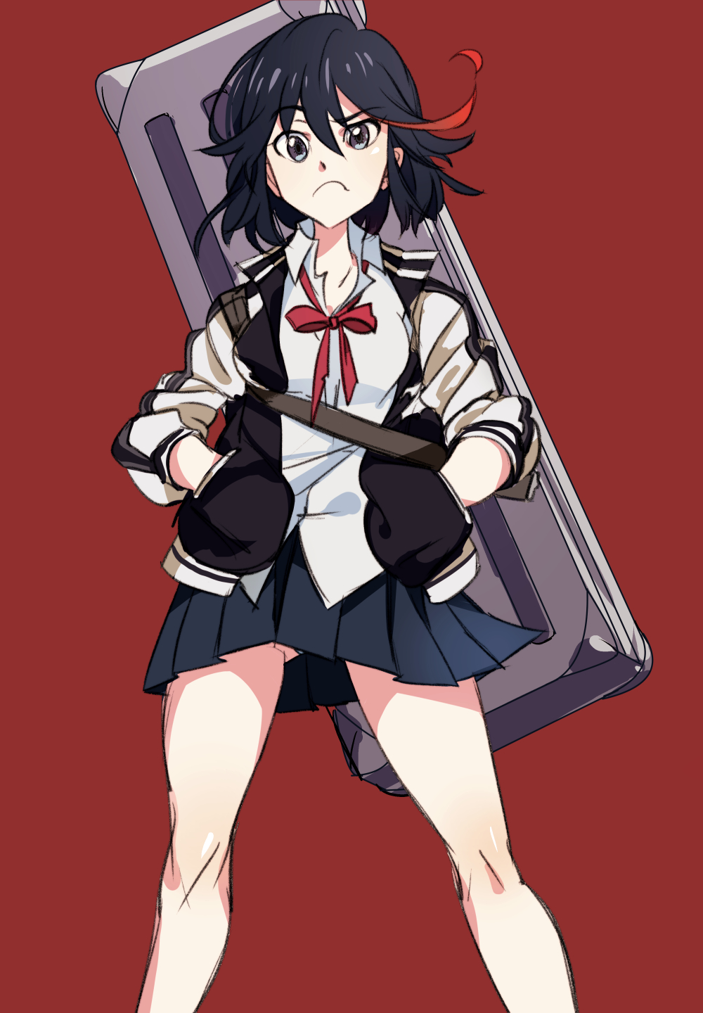 1girl, black_hair, blue_eyes, collared_shirt, commentary_request, eyebrows_visible_through_hair, frown, hands_in_pockets, highres, jacket, kill_la_kill, looking_at_viewer, matoi_ryuuko, matoi_ryuuko_(casual), microskirt, multicolored_hair, nirak, pleated_skirt, raised_eyebrow, red_background, redhead, shirt, short_hair, simple_background, skirt, solo, standing, streaked_hair, striped, striped_jacket, white_shirt