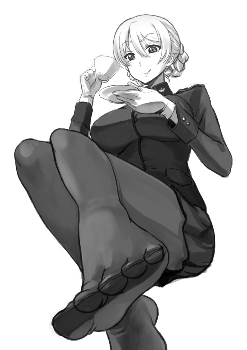 1girl, bangs, braid, closed_mouth, commentary_request, crossed_legs, cup, darjeeling_(girls_und_panzer)