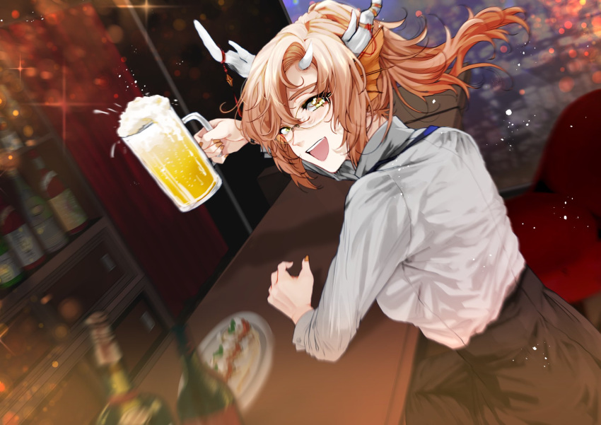 1girl, :d, alcohol, bar, beer, beer_mug, black_skirt, blurry